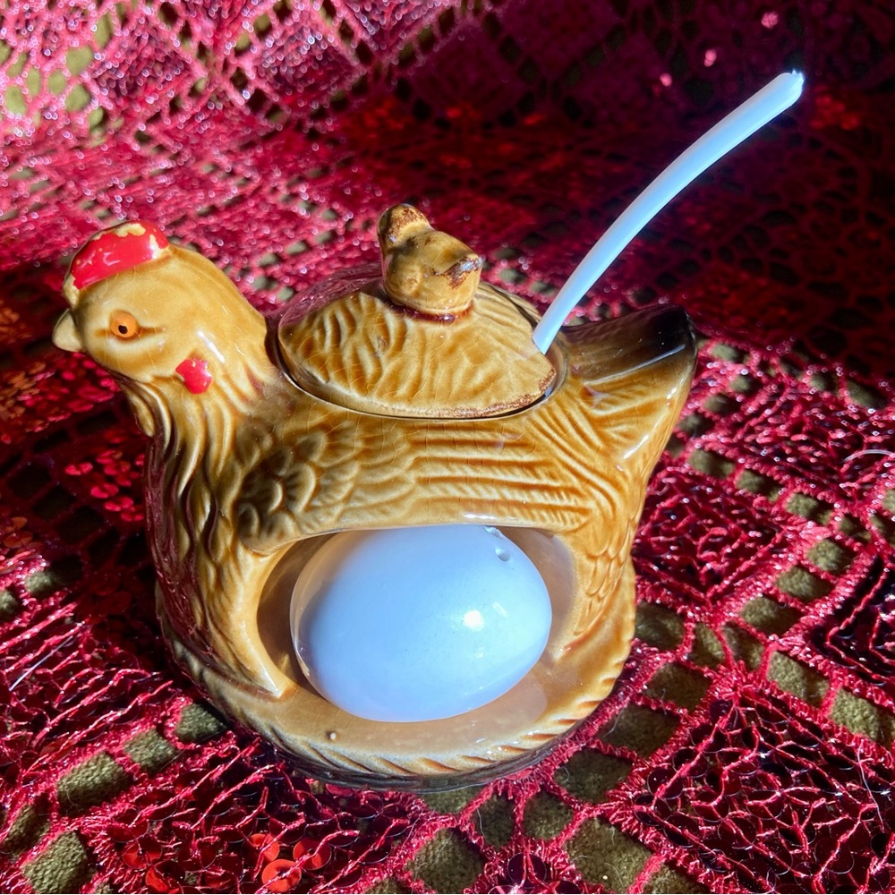 Vintage Japanese ceramic hen bowl with spoon, salt and pepper shakers